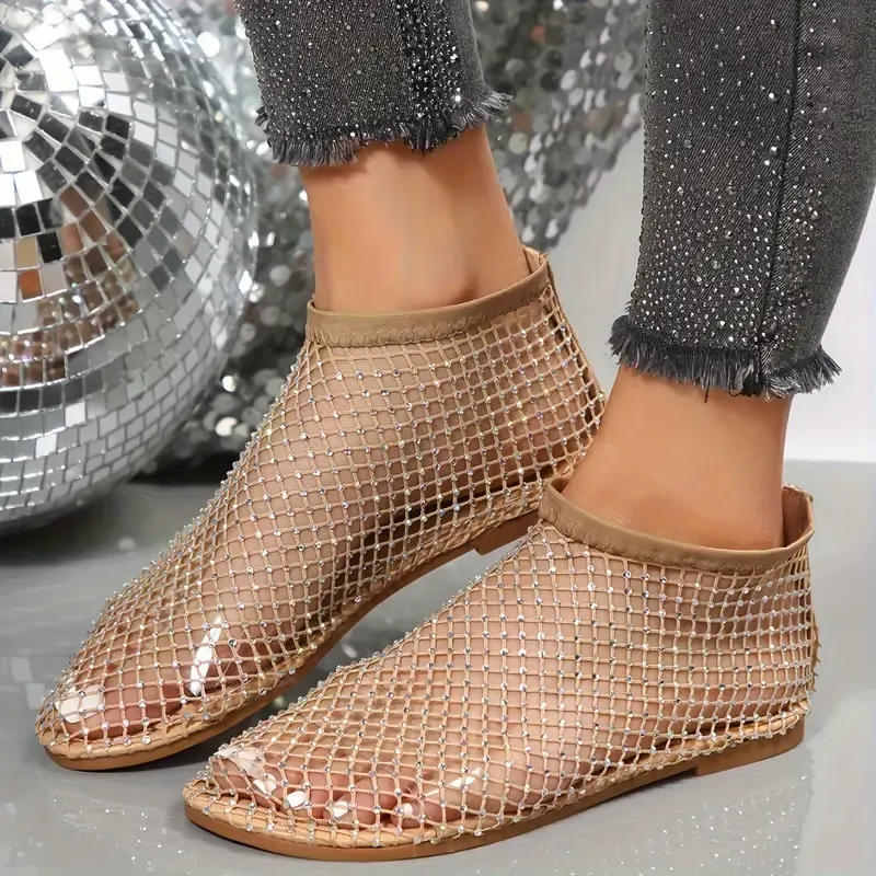 Women's Rhinestone Decor Flat Sandals, Casual Hollow Out Design Shoes, Breathable & Comfortable Shoes