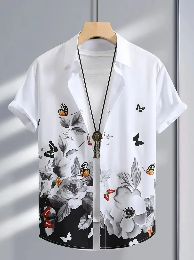 Men's Casual Polyester Shirt with Tropical Print, Short Sleeve Button-Down with Lapel Collar, Slight Stretch Fabric, Regular Fit, Summer Woven Shirt for Adults
