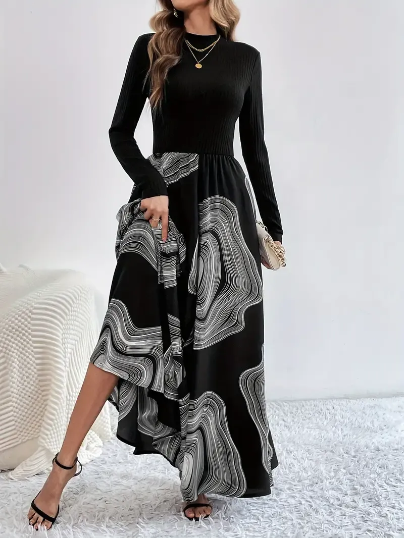 Elegant High-Top Printed Long-Sleeve Dress with Geometric Pattern And Round Neck for Adults, Polyester Fabric with Pleats