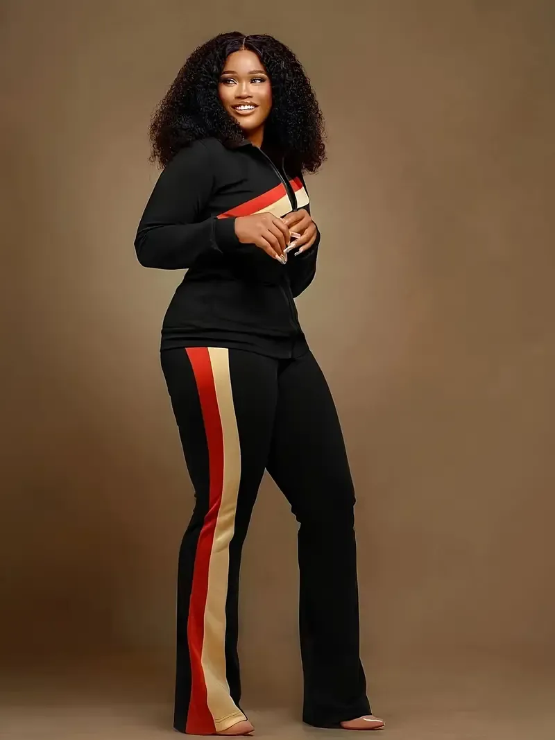 Striped Print Casual Pocket Pantsuit, Zipper Front Long Sleeve Top & Elastic Waist Slim Pants Outfit For Fall & Winter, Women's Clothing