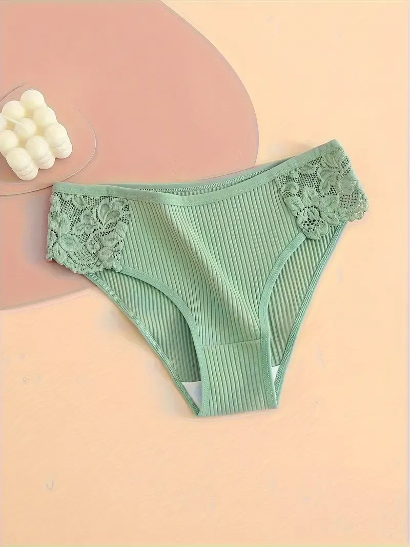 4pcs Contrast Lace Briefs, Comfy & Breathable Ribbed Stretchy Panties, Women's Lingerie & Underwear