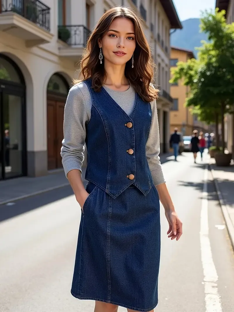 lain Button Closure Washed Blue Casual Denim Jacket, Slim Fit Hot Vacay Cowgirl Style Denim Vest Top