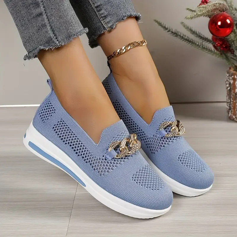 Women's Chian Decor Loafers, Breathable Knit Slip On Outdoor Shoes, Women's Comfortable Shoes
