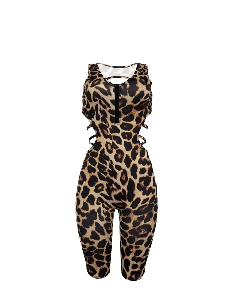 Leopard Print Zip V Neck Romper Jumpsuit, Sexy Sleeveless Cross Backless Skinny Romper Jumpsuti, Women's Clothing