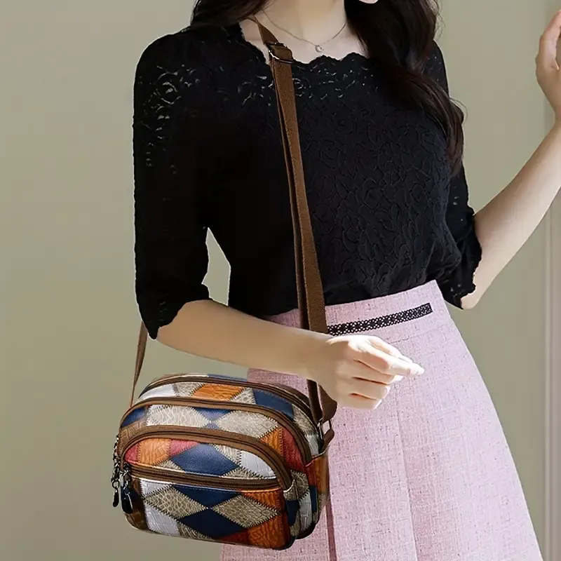 Versatile Shoulder Bag With Multiple Pockets, Geometric Decorations, Wide Shoulder Strap, Crossbody Bag And Handbag, Suitable For Daily Commute, Work, Travel, And Various Functions