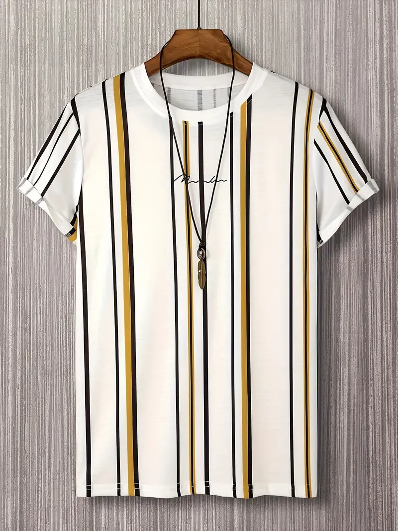 Graffiti Letter And Stripe Print Crew Neck And Short Sleeve Summer Fashion T-shirt, Leisure Tops For Men's Outdoors And Casual Wear