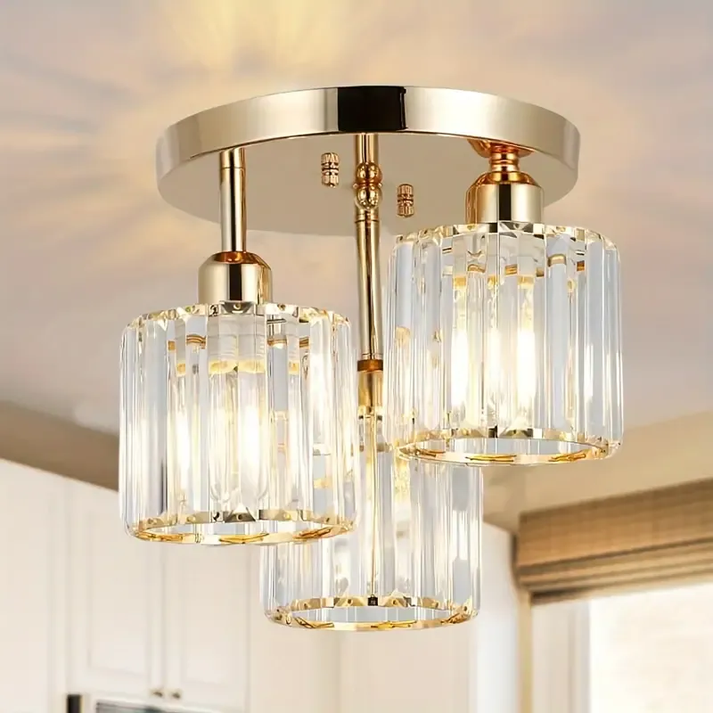 Modern Semi-Flush Mount Crystal Pendant Lights - Metal with Shade, Switch Control, Hard-Wired, E27 Base, Compatible with 110-240V for Kitchen, Bedroom, Hallway, Entryway, Dining Room