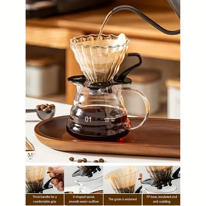1 Set Coffee Pot With Filters, Pour Over Coffee Starter Set, Craft Coffee Maker Dripper, Glass Server And Reusable Glass Permanent Filter, For H