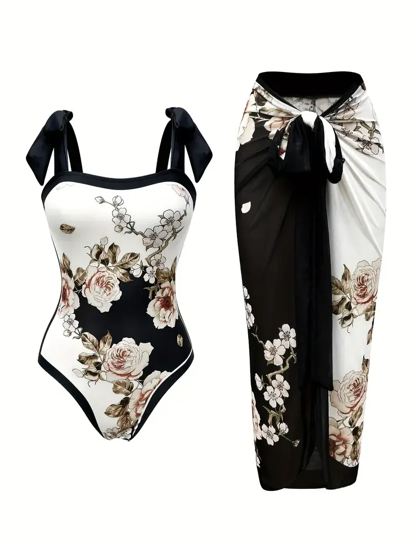 Floral Pattern 2 Piece Swimsuits, Bow Tie Shoulder Straps One-piece Bathing-suit & Cover Up Skirt, Women's Swimwear & Clothing