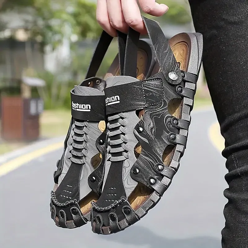 Men's Stitching Microfiber Leather Casual Closed Toe Slip On Sandals, Breathable Anti-skid Summer Beach Sandals For Outdoor