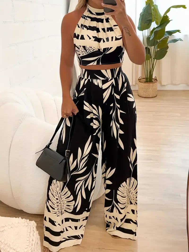 Two-piece Set, Plants Print Halter Zip Back Sleeveless Backless Top & Pants Outfits, Women's Clothing for Vacation