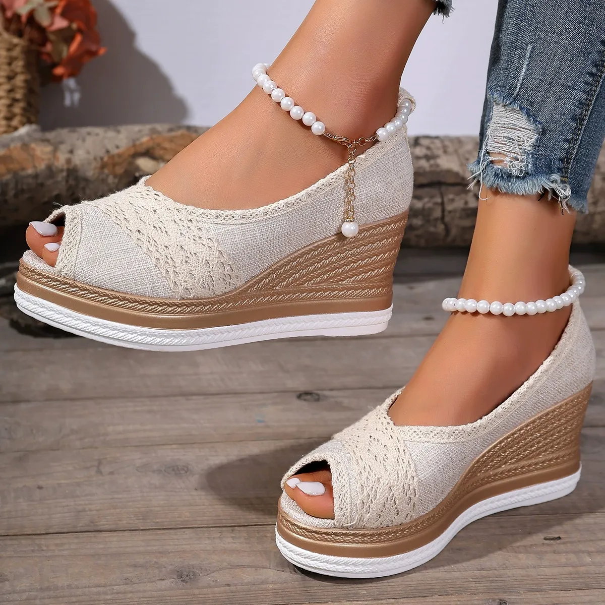 Wedge heel sandals thick sole fish mouth buckle