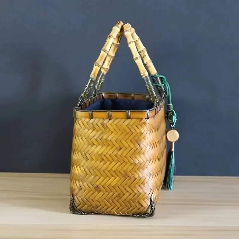 Chic Blue Plaid Handwoven Bamboo Tote - Durable, High-Quality Cotton Lining with Drawstring Closure for Women