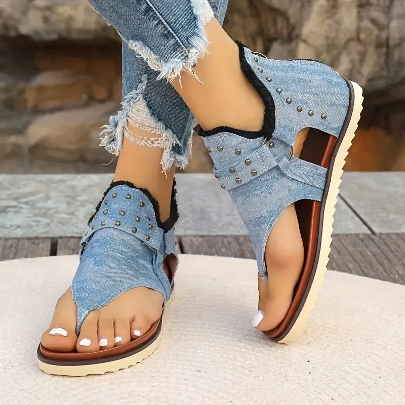 Women's Summer Thong Sandals, Casual Flat Sandals With Denim Straps And Studded Accents, Breathable Canvas Non-Slip Sole For Beach Wear
