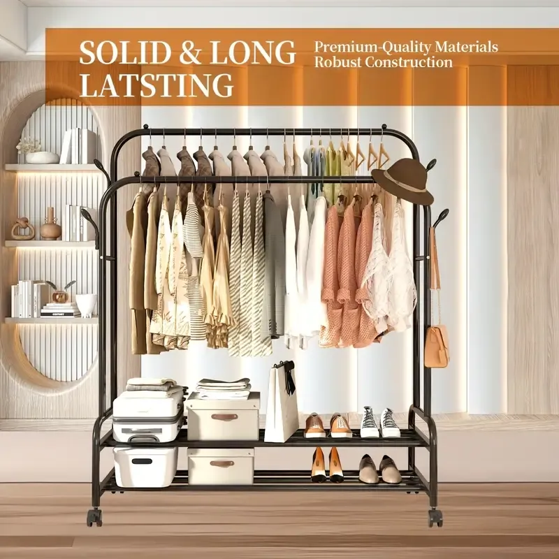 Sturdy Metal Double Rodding Clothes Rack With Wheels