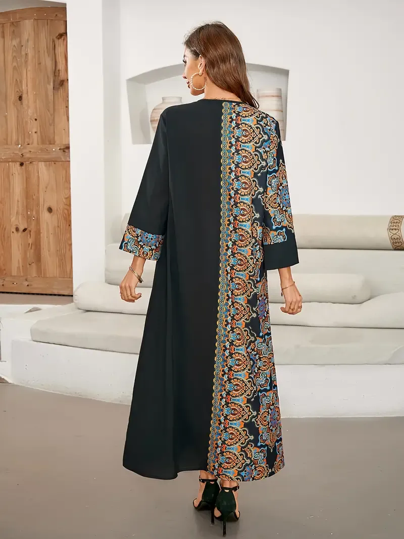 Ramadan Ethnic Print Color Block Kaftan, Elegant Notched Neck Maxi Length Dress, Women's Clothing