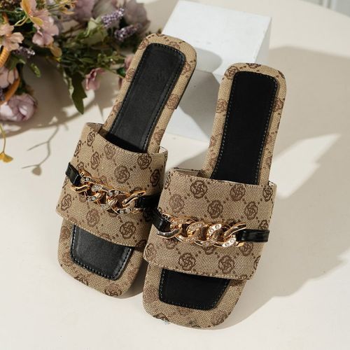 2024 Summer New Style European and American Foreign Trade Large Size Square Toe Rhinestone Chain Fashion Outerwear Slippers Beach Women