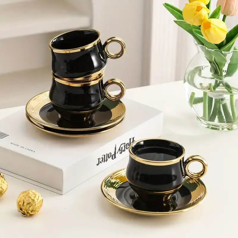 Black Ceramic Coffee Cup and Saucer Set