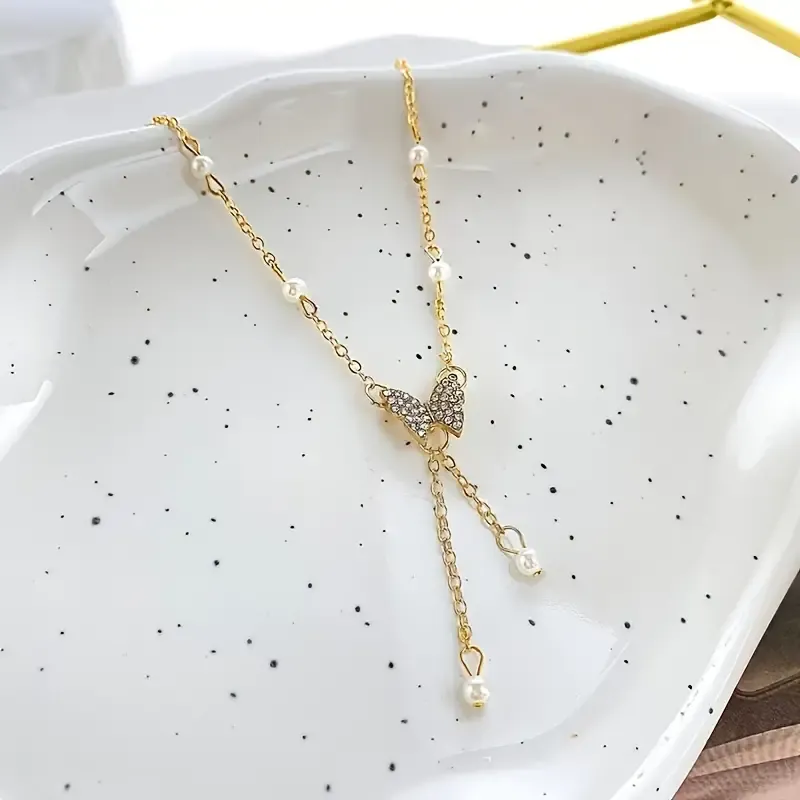 1pc Bling Bling Elegant Style Artificial Pearl Butterfly Pendant Necklace Collarbone Chain Suitable For Women Banquet Accessories