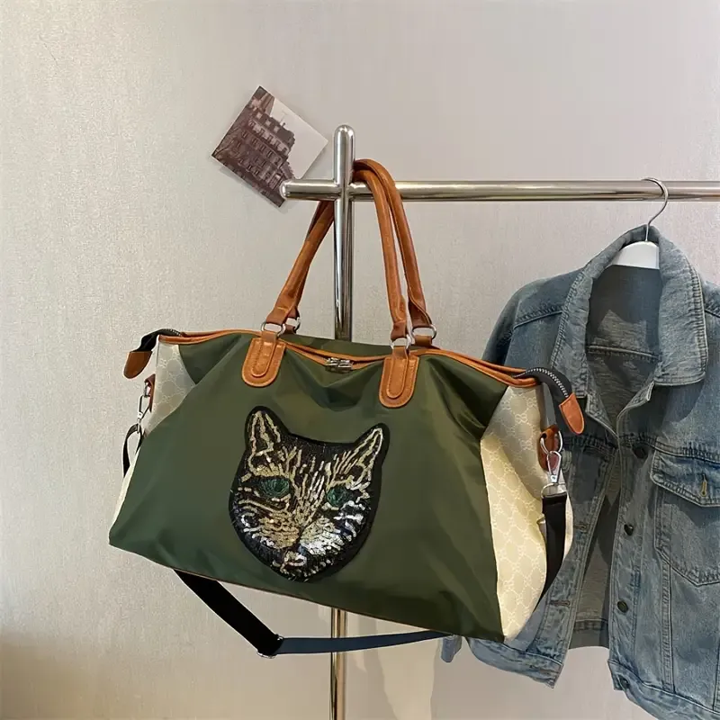 Large Capacity Sequins Cat Pattern Luggage Handbag, Versatile Portable Duffle Bag, Short Distance Zipper Storage Bag