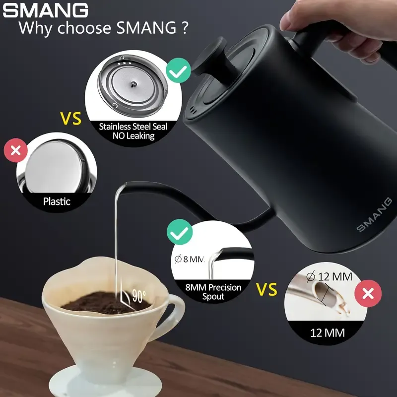 Smang Electric Gooseneck Kettle 1000ml - Adjustable 104°F-212°F Temperature Control, Fast Boiling 1200W Power, Stainless Steel, Anti-Dry Burn, Precision Pouring, Built-in Timer, Constant Temperature, UK Plug