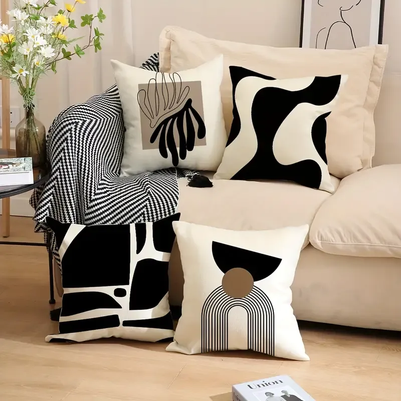 4pcs 1set Contemporary Geometric Abstract Pillow Covers, 45x45cm Linen Cushion Cases, Zippered Sofa Decor, Home Decor, No Insert, Machine Washable