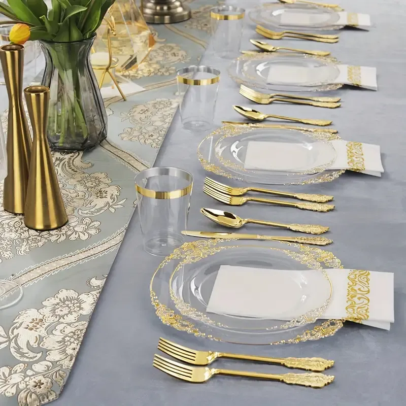 🔥🔥Hot Sale Promotion -70pcs, Elegant Golden Disposable Dinnerware Set For 10 Guests - Includes 10 Dessert Plates, 10 Salad Plates, 10 Napkins, 10 Cups, & 30 Cutlery (Forks, Knives, Spoons) - Perfect For Wedding Anniversary, Holiday Parties