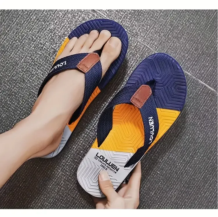 Men's Block Color Thong Sandals With Fabric Uppers, Casual Non Slip Flip-flops Sandals For Indoor Outdoor Walking, Beach Shoes For Spring And Summer