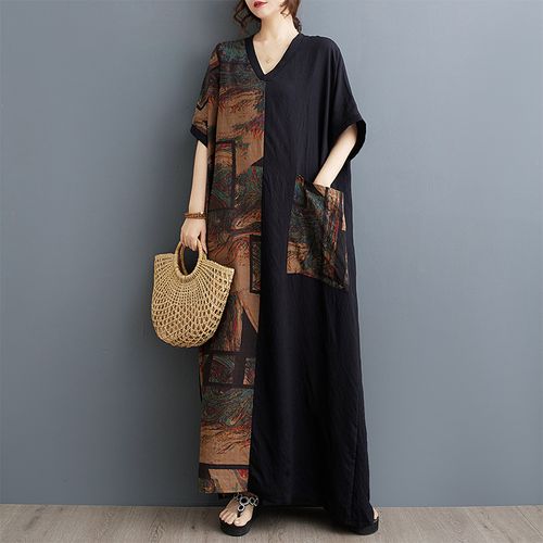 Women's Plus Boho Lounge Dress, Plus Size Colorblock Peacock Feather Print Batwing Sleeve V Neck Loose Nightdress With Pockets