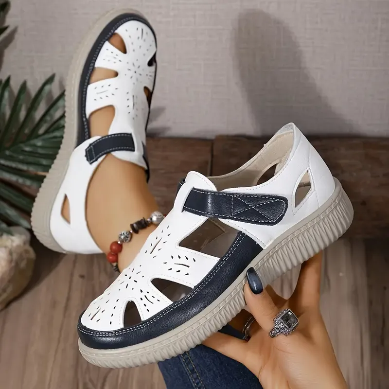 Women's Contrast Color Flat Sandals, Casual Cutout Design Summer Shoes, Women's Comfortable Shoes