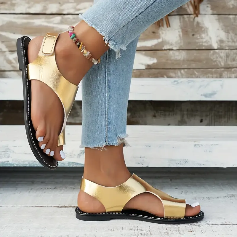 Women's Solid Color Casual Sandals, Ankle Strap Lightweight Slip On Walking Shoes, Toe Loop Vacation Shoes