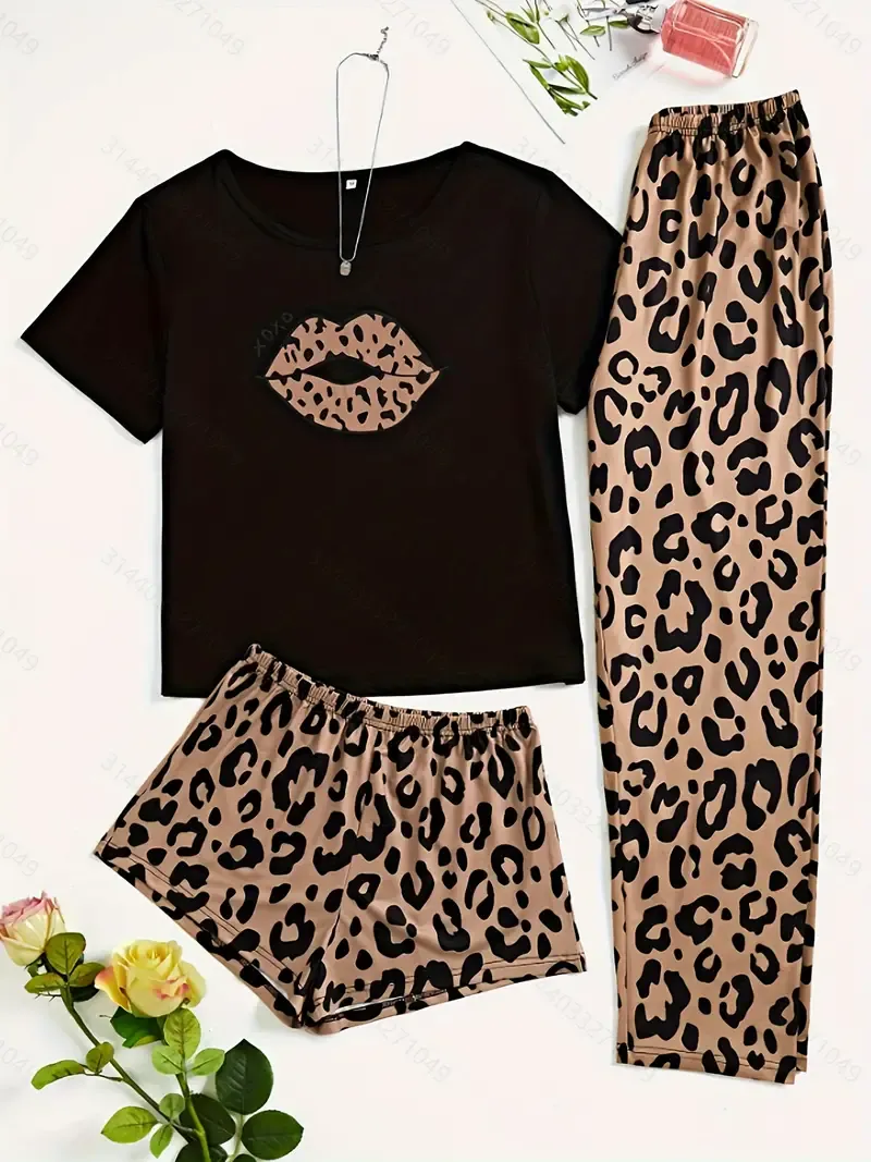 Women's casual leopard print pajamas with lip graphics, crew collar, short sleeve - polyester knit fabric, 95% polyester 5% elastic, 3 piece set T-shirt, shorts and pants, comfortable clothing for adults for all seasons
