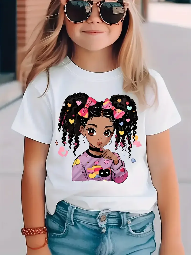 Cute African Girl With Hearts Graphic Print Tee, Girls Comfy & Trendy T-shirt For Spring & Summer, Girls Clothes For Outdoors