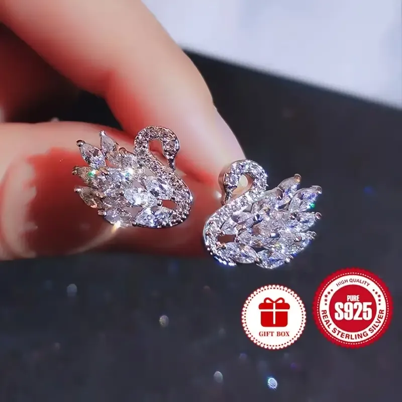 925 Sterling Silver Hypoallergenic White And White Swan With zirconia Stud Earrings Ear Jewelry Daily Wear Accessories Exquisite Gift For Women Best Friend With Gift Box