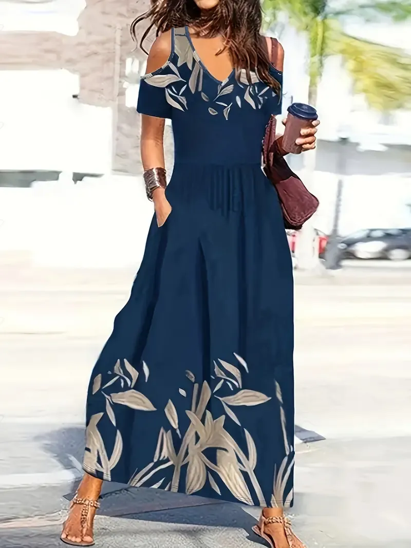 Loose Maxi Plant Print Cold Shoulder Dress with Pocket, V Neck Short Sleeve Vacation Dress for Spring & Summer, Women's Clothing