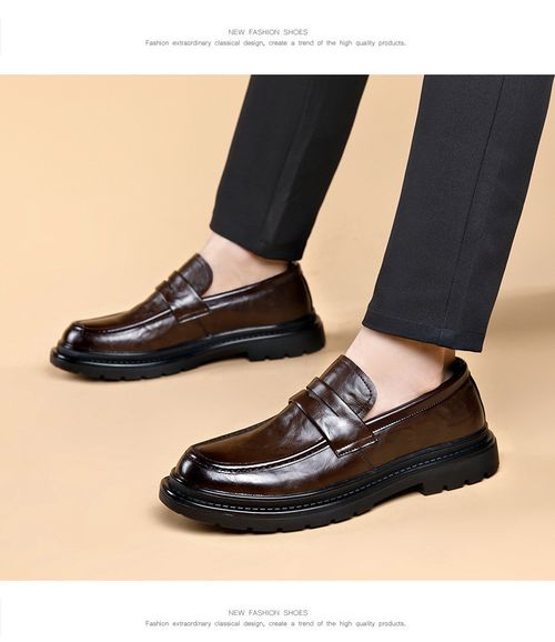 New men's leather shoes, slip-on style, business shoes, wedding shoes, interview shoes, no laces, thick-soled, British casual shoes