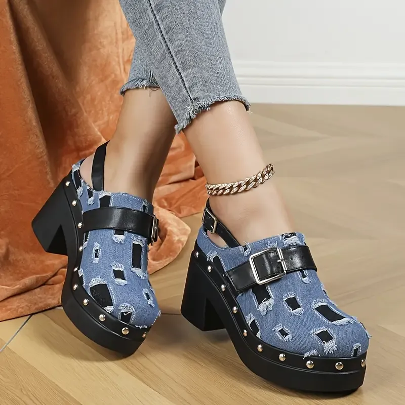 Women's Buckle Belt Clogs, Ankle Strap Comfy Platform Soft Sole Slides, Non-slip Chunky Heel Studded Decor Slides