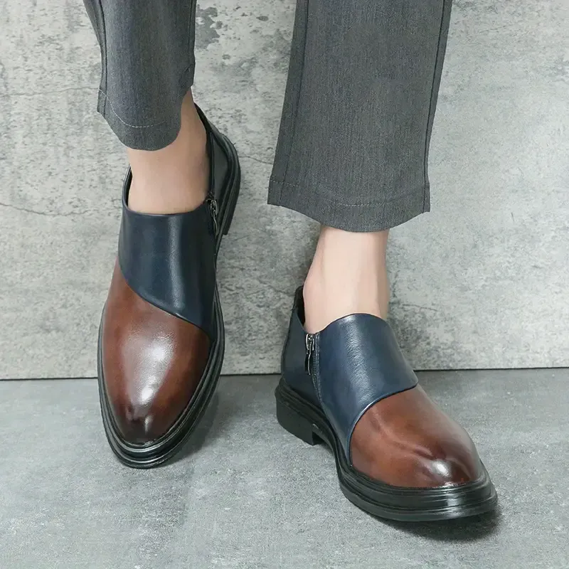 Men's Block Color PU Leather Loafers, Wear-resistant Anti-skid Dress Shoes With Side Zippers For Business Office