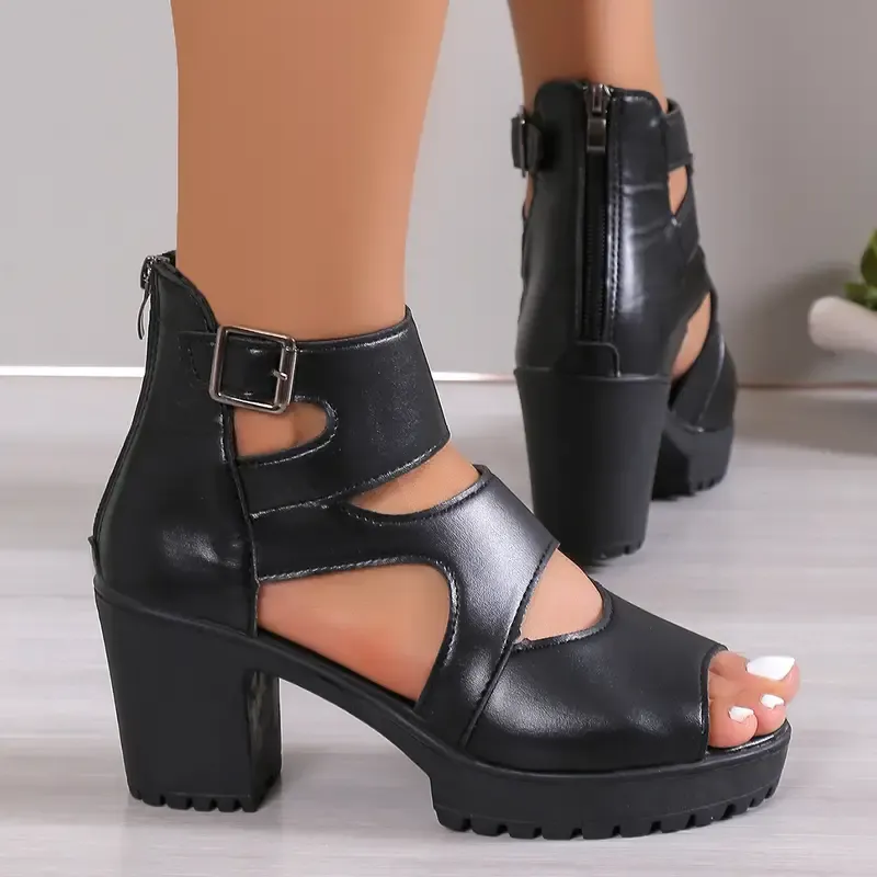 Women's Solid Color Block Heeled Sandals, Fashion Open Toe Dress Pumps, Stylish Back Zipper Heels