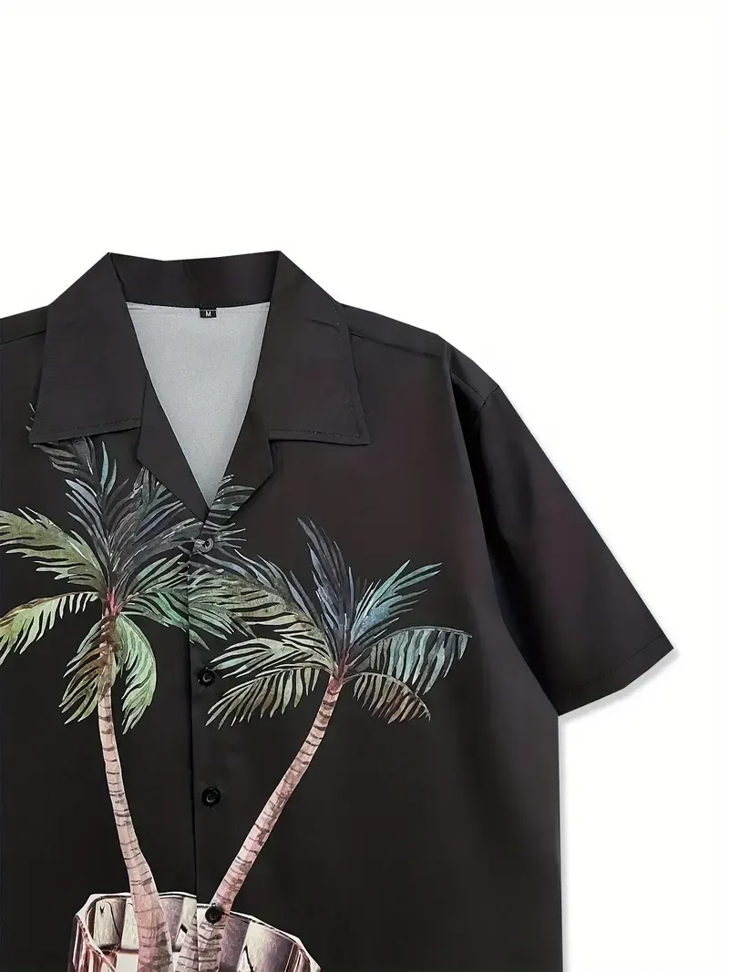 Coconut Tree And Wine Glass Print Men's Summer Fashionable And Simple Short Sleeve Button Casual Lapel Shirt, Trendy And Versatile, Suitable For Dates, Beach Holiday, As Gifts