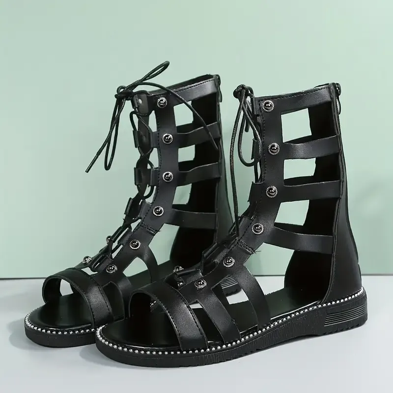Comfortable Women's Cutout Design Flat Sandals, Casual Open Toe Lace Up with Back Zipper