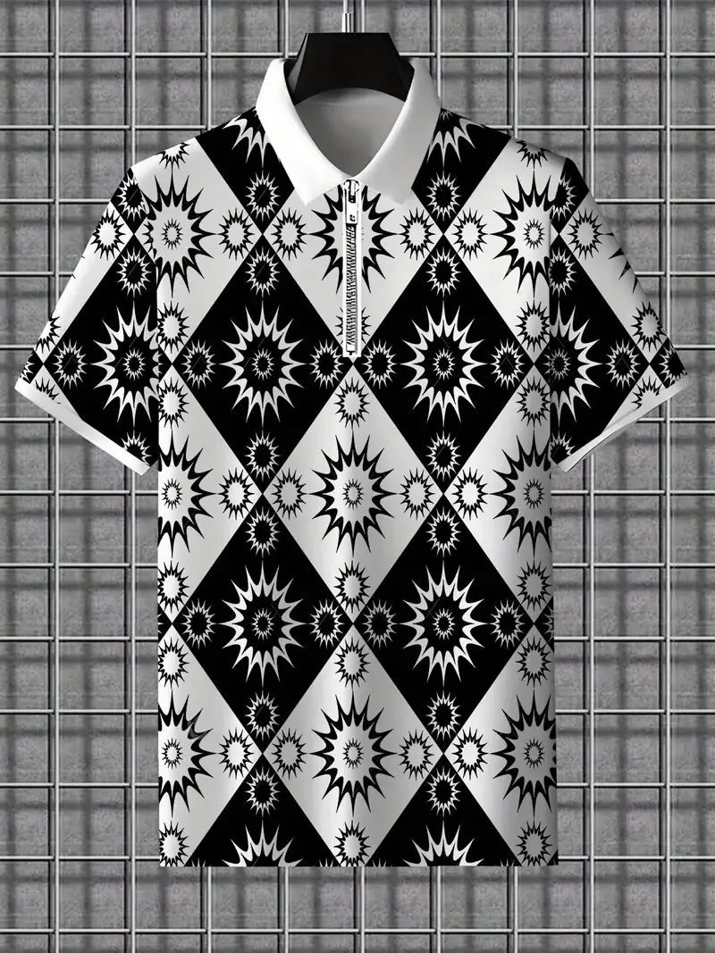 Men's Fashion Printed Polo Shirt - Casual Short Sleeve Regular Fit Knit Polyester Top with Lapel Collar and Zipper Detail - All Over Graphic Pattern Polo for Summer