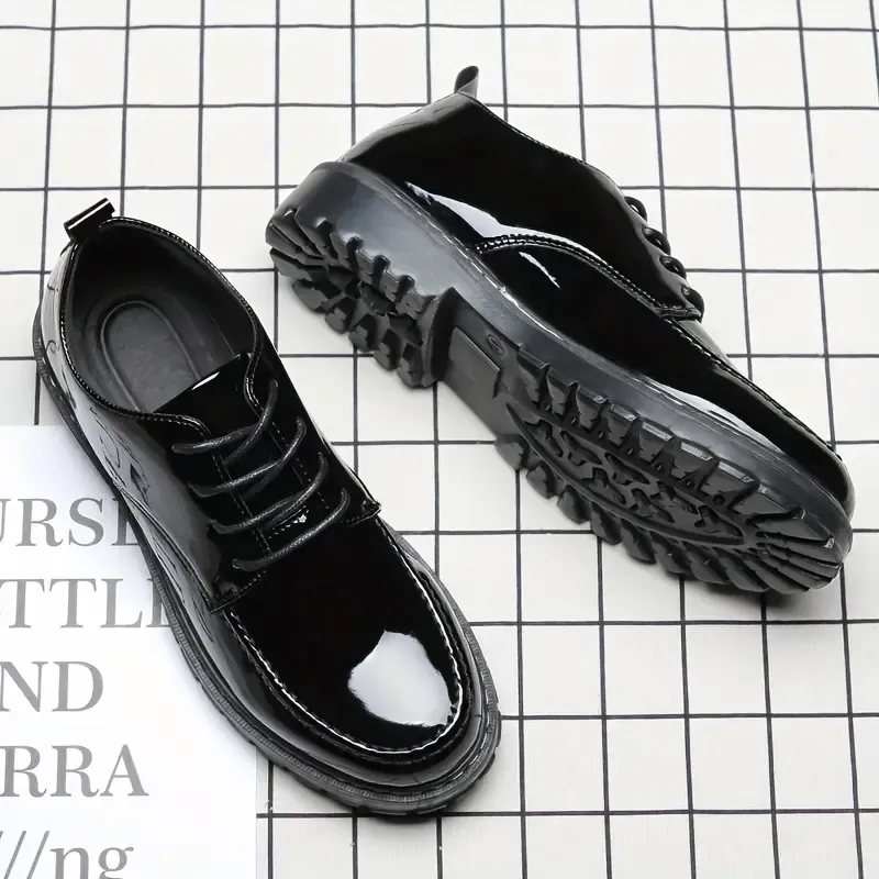 Men's Faux Patent Leather Business Style Formal Shoes, Comfy Nonslip Trendy Lace Up Dress Shoes, Men's Footwear