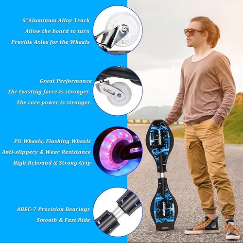 RipStik Caster Board, Deluxe Junior Rip Stick with Illuminating Wheels for More Excitement,Fun and Visibility, Ripstick Skateboard for Kids 8+ (Blue A)