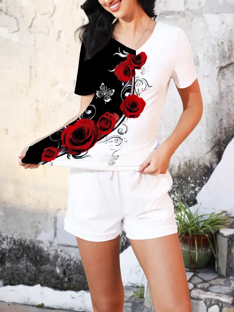 Vibrant Roses Print V-Neck Short Sleeve T-Shirt