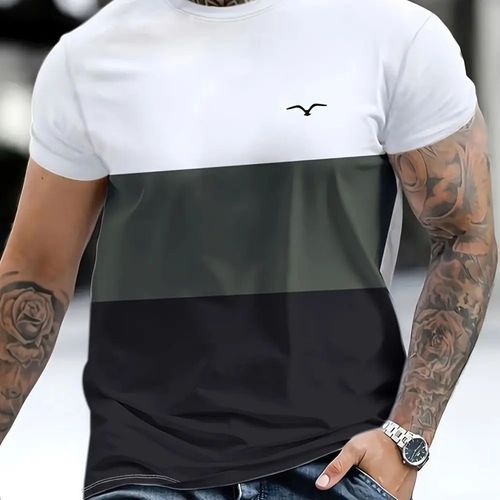 Men's 3D Digital Print Color Block T-Shirt, Breathable Mesh Fabric, Casual Round Neck Short Sleeve Tee, Summer Fashion Streetwear, Polyester Knit Top for Sports and Leisure
