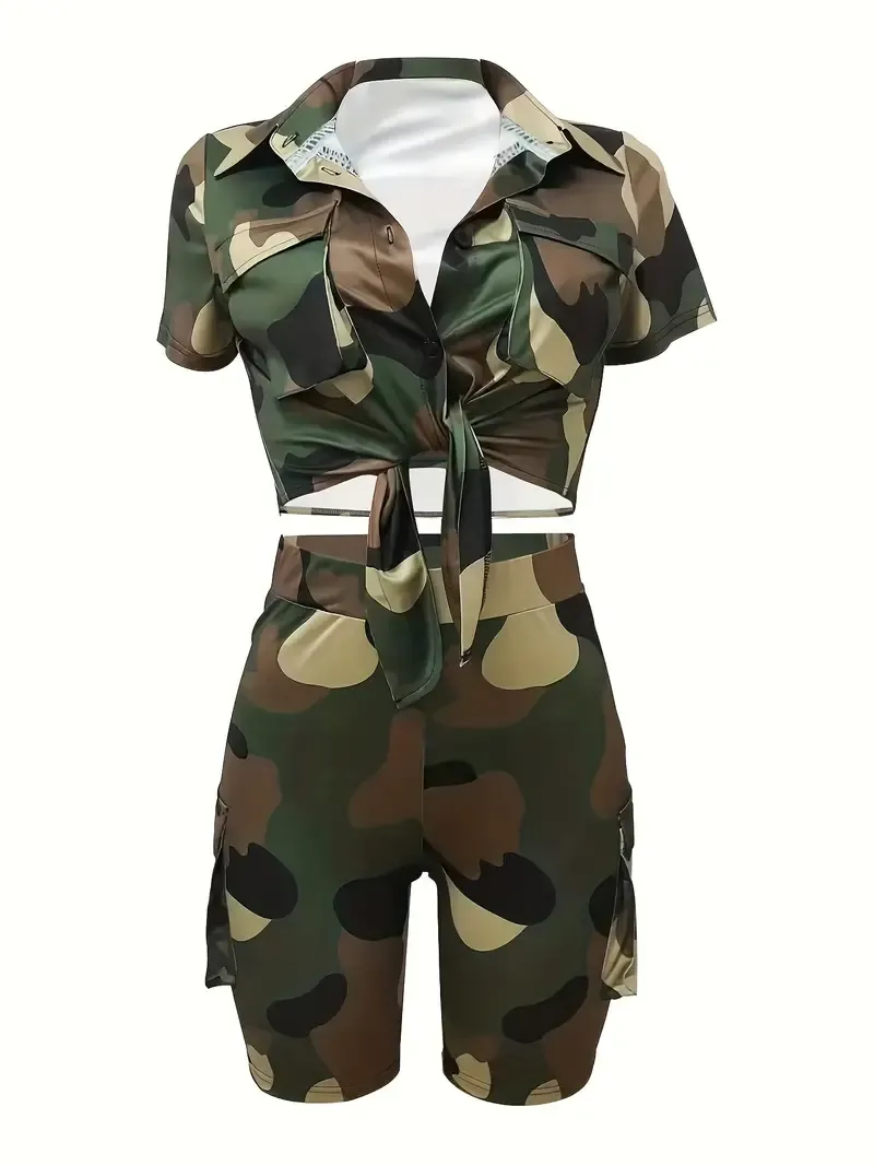 Camo Print Casual Two-piece Set, Twist Short Sleeve Tops & Slim Shorts With Pockets Outfits, Women's Clothing