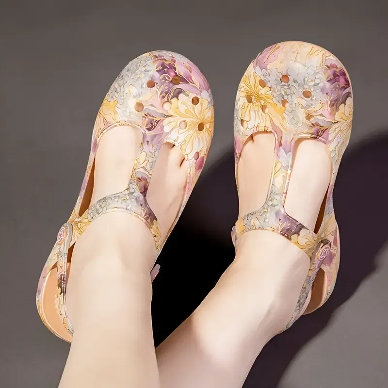 Lightweight Women's Floral Print Closed Toe Clogs, Soft Sole Jelly Mules Comfort Vacation Beach Shoes