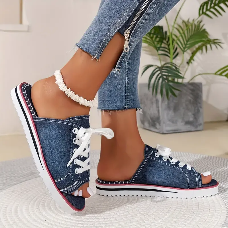 Women's Denim Slide Sandals, Casual Open Toe Summer Shoes, Women's Comfortable Lace Up Slide Sandals