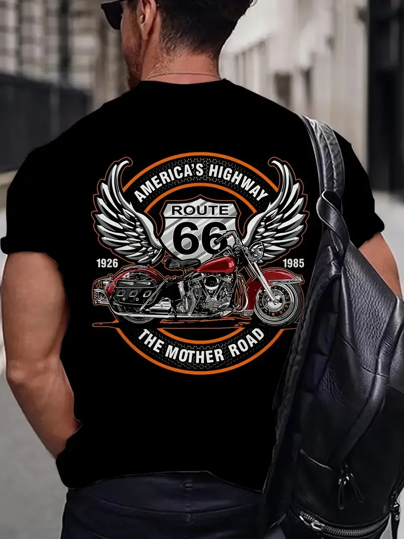 3D Route 66 Motorcycle Print Men's Trendy Color Block Short Sleeve Crew Neck T-shirt, Summer Outdoor